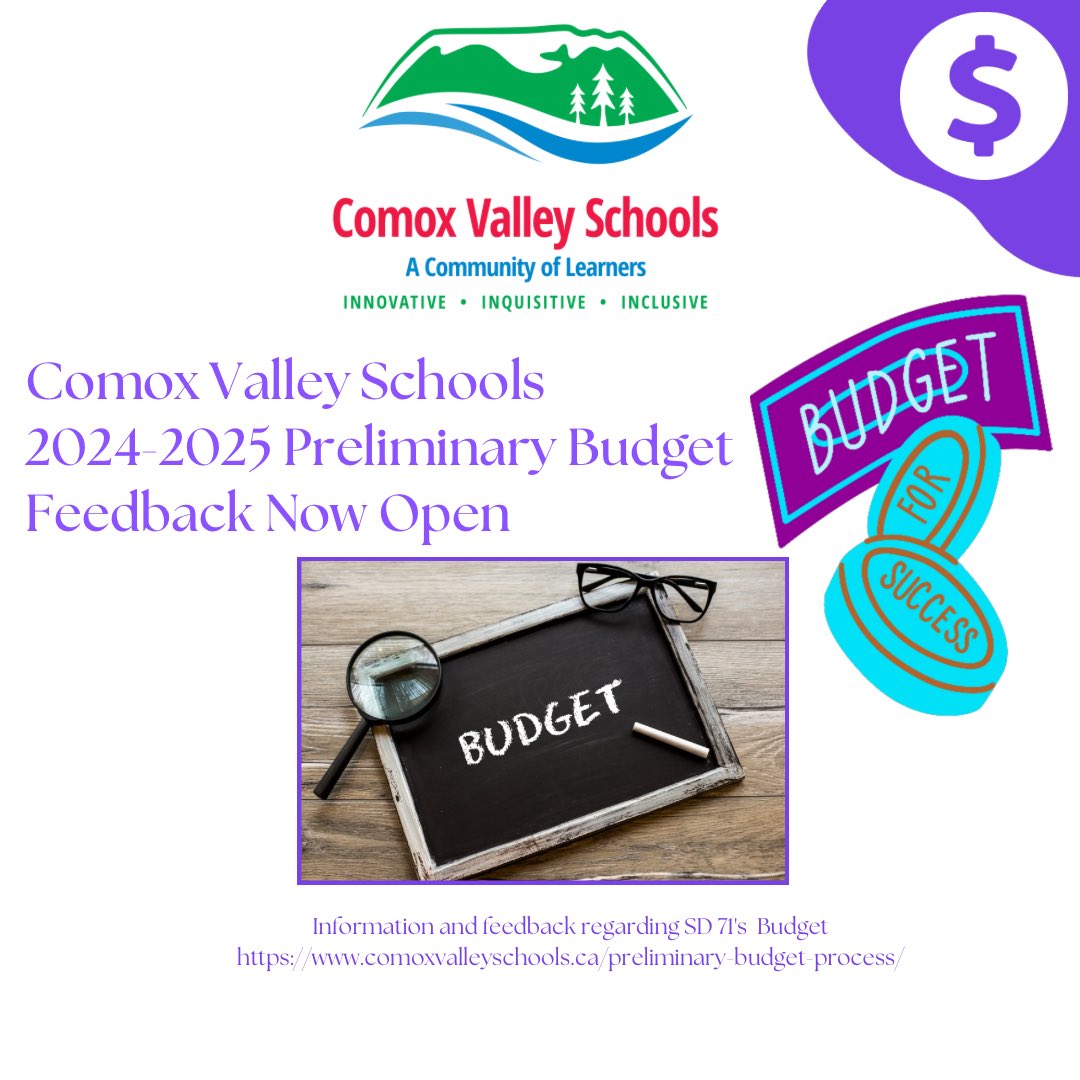 As we plan for next school year, your thoughts on the Comox Valley Schools preliminary budget for 2024-2025 are crucial. 

Help us make decisions that best support our students and staff. 

Please take a moment to learn more and provide feedback. 

🔗
comoxvalleyschools.ca/preliminary-bu…