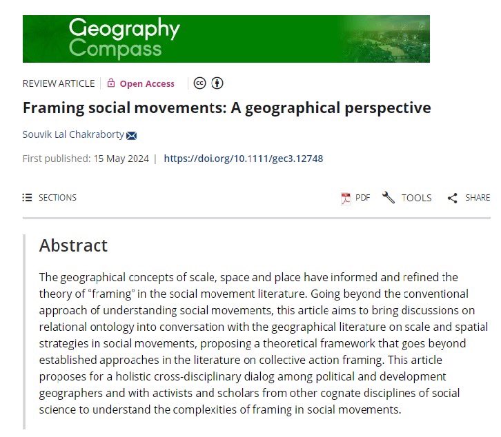 🌟New Publication Alert🌟

In this article, I argue that both geographers and framing scholars would benefit significantly from understanding how relational ontologies are framed in indigenous social movements and how they are represented across scales.

dx.doi.org/10.1111/gec3.1…