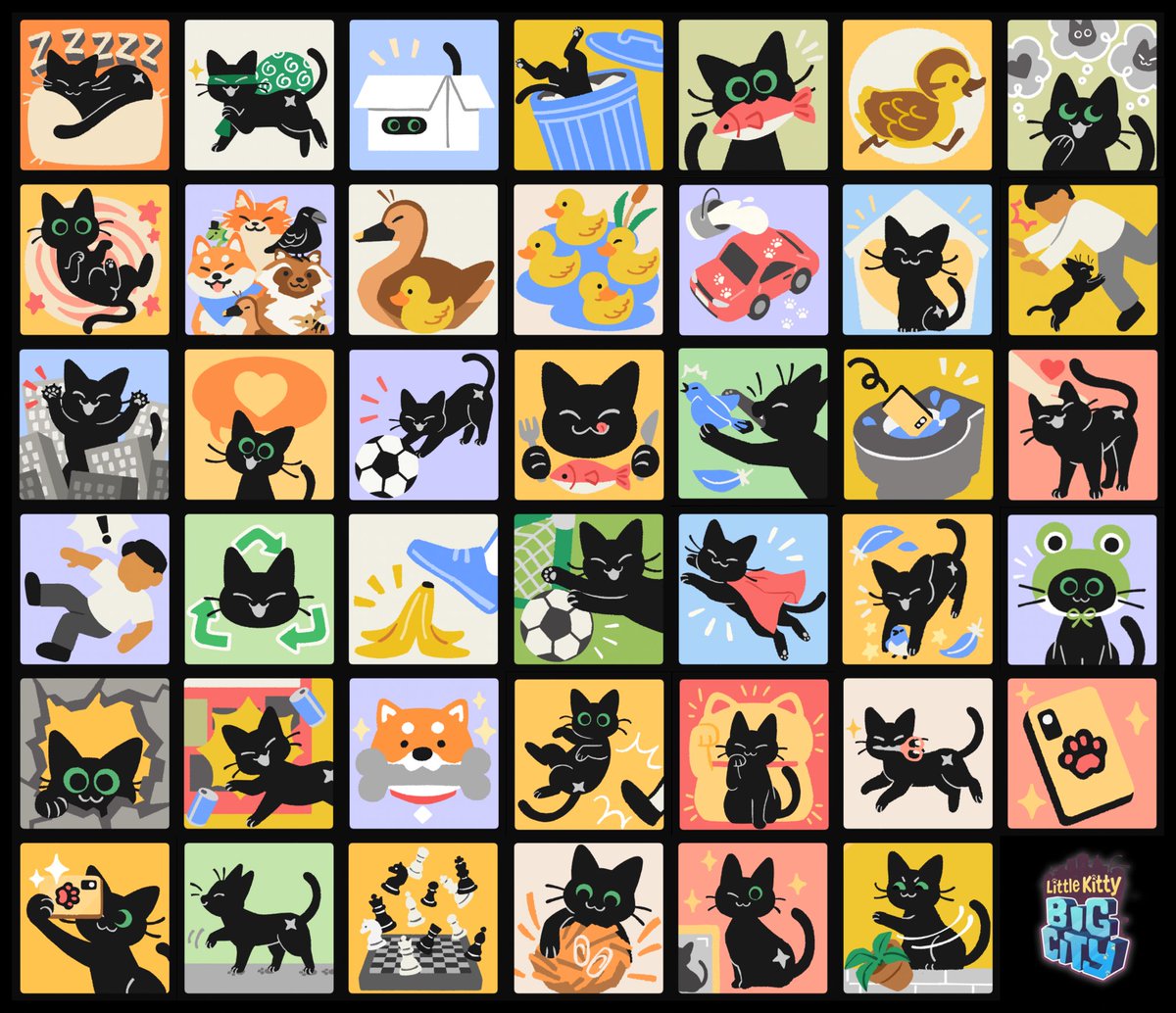 all the achievement icons I drew for @LittleKittyGame!! out now on switch, xbox and steam 🥳🐈‍⬛