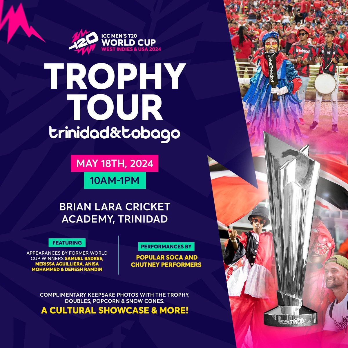 The ICC Men’s T20 World Cup Trophy Tour is coming to the Brian Lara Cricket Academy in Trinidad, this Saturday from 10AM-1PM! #t20worldcup #TrinidadAndTobago