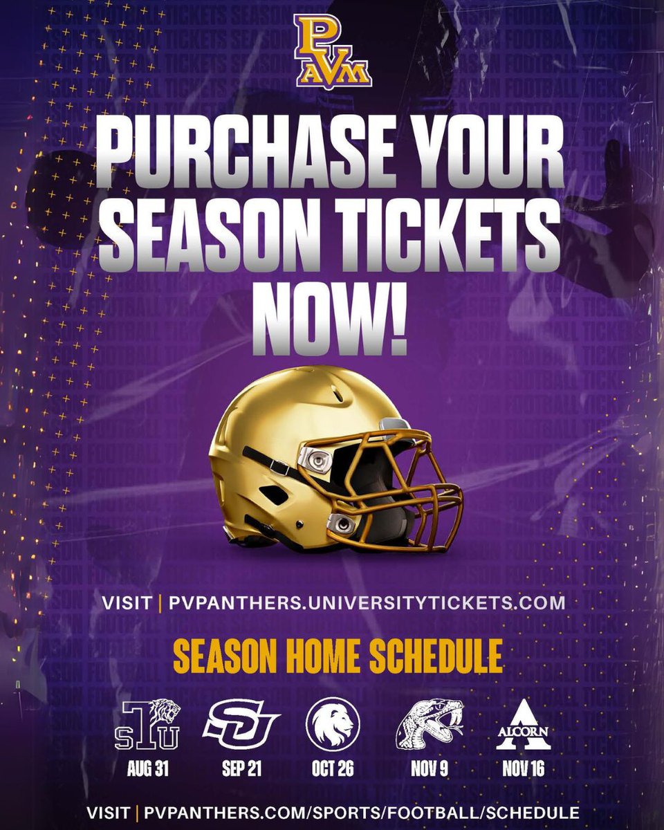 PVAMUFB: Get ready for an epic season, Panthers fans! 🏈🔥 Secure your season tickets now at buff.ly/3UHnSd6 and join us for the action-packed games!