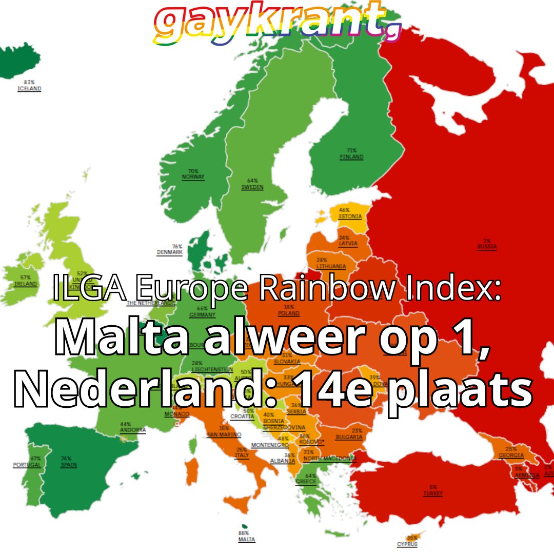 Nederland blijft steken op de 14e plek in Europa van landen die lhbti+ mensenrechten goed hebben geregeld. Dat blijkt uit de Rainbow Europe Index van de Europese lhbti+ mensenrechtenorganisatie ILGA-Europe die op 15 mei verscheen.
🌡️
gaykrant.nl/2024/05/16/ned…