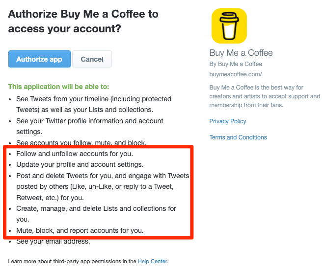 genuine question: why do apps do this???? why the fork would i allow you to update my account settings and delete my own tweets???????????? @buymeacoffee explain pls