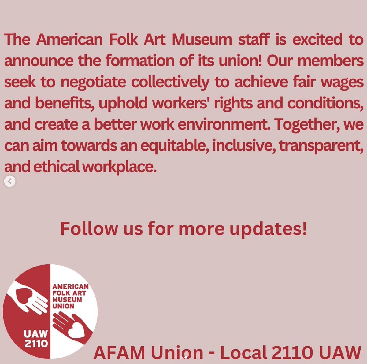 Huge congrats to the workers of the American Folk Art Museum who announced the formation of their @UAW union today! They're not on here but give them a follow on Instagram (instagram.com/afam_union/). @Local2110UAW @UAWRegion9A