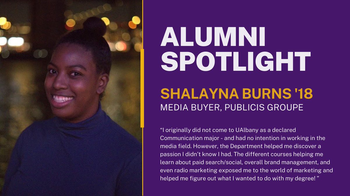 ✨ Meet Shalayna '18 <a href="/PublicisGroupe/">Publicis Groupe</a>!  She joined <a href="/ualbany/">University at Albany</a> without a declared major in Communication, but found a passion in marketing through our curriculum 🚀💼 Keep shining, Shalayna – you make us all proud 🌟 Follow her on LinkedIn: bit.ly/3QOVjJz <a href="/ualbanyalumni/">UAlbany Alumni Association</a>