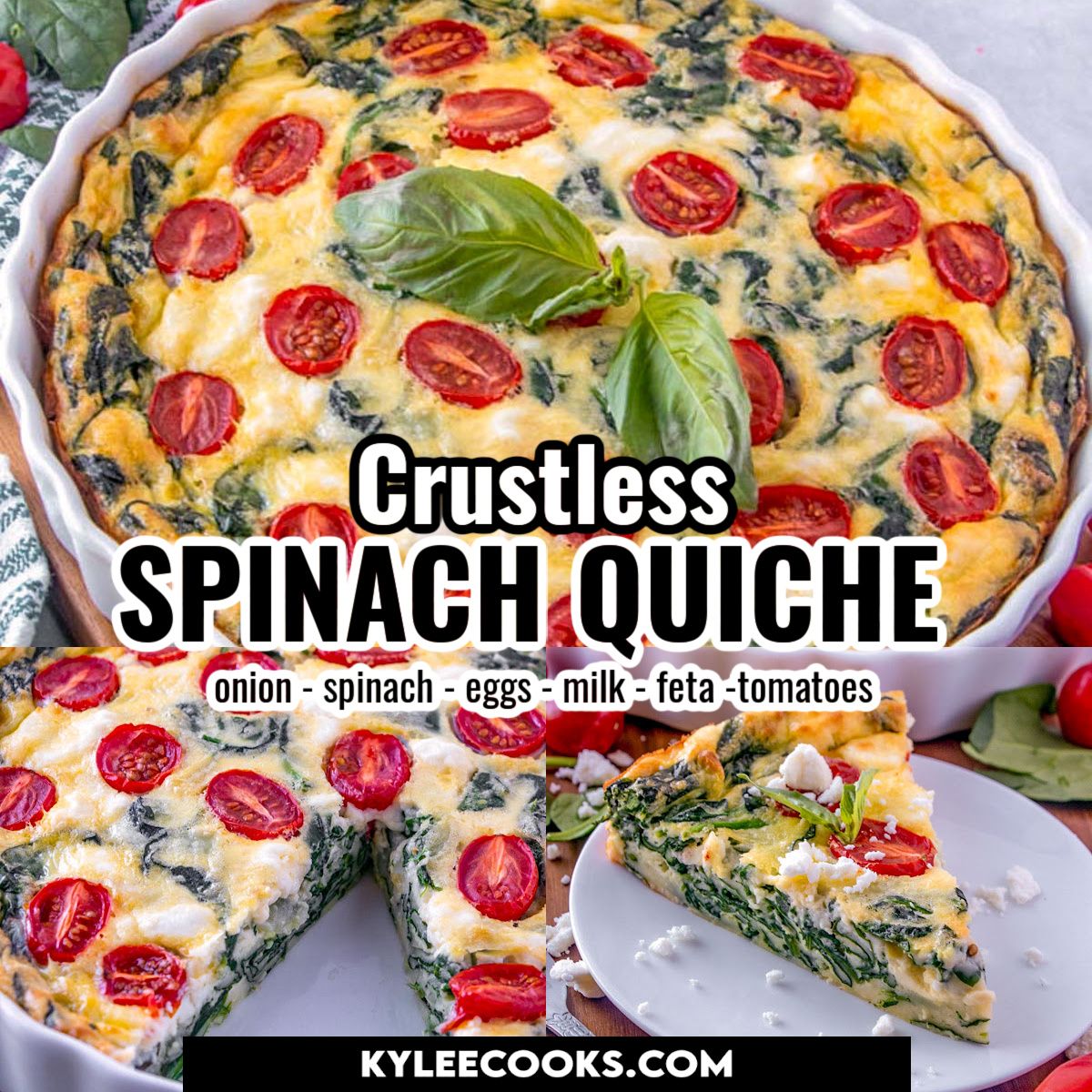 Spinach is the star of the show in this healthy crustless spinach quiche with tomatoes, onions and feta. Delicious warm, room temp, or chilled – this is a versatile and nutritious dish!  #lowcarb #healthy #crustlessquiche #kyleecooks kyleecooks.com/spinach-tomato…