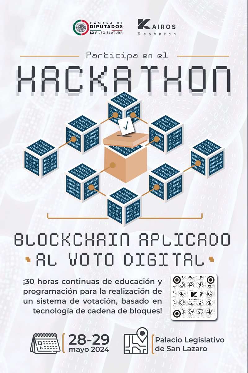 Nos complace anunciar nuestra colaboración con la H. Cámara de Diputados @Mx_Diputados para llevar a cabo un Hackathon enfocado en 'Blockchain Aplicado al Voto Electrónico' Se llevará a cabo el día 28 y 29 de mayo de este año ¡Regístrate aquí! forms.gle/7PMJpvp6ZDNETS…
