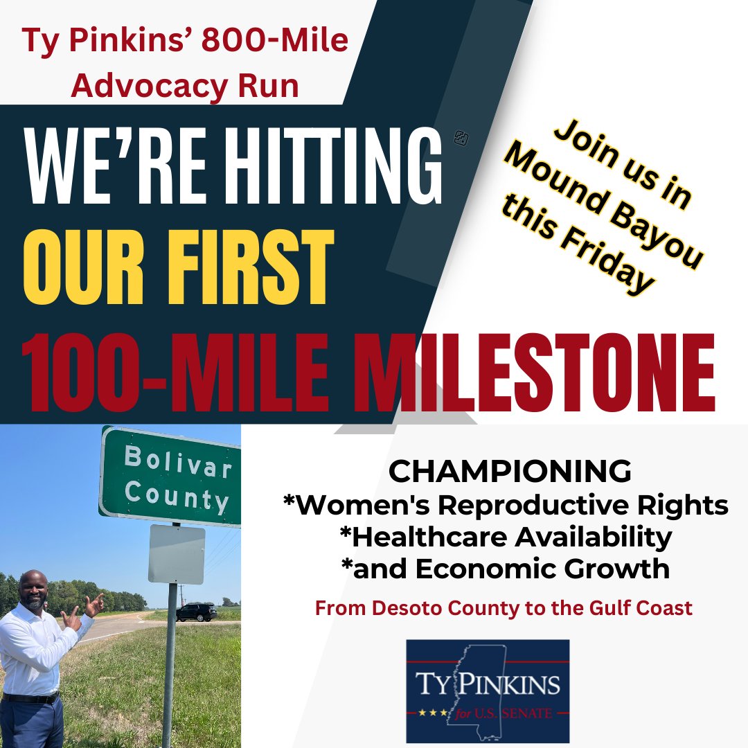 Ty Pinkins will reach the first 100-mile milestone in his 800-mile advocacy run campaign this Friday, May 17, 2024 at 10:45 a.m. in Mound Bayou, MS (at the railroad tracks). If you see us out, feel free to join us as we celebrate this tremendous achievement. #TyPinkinsforUSSenate