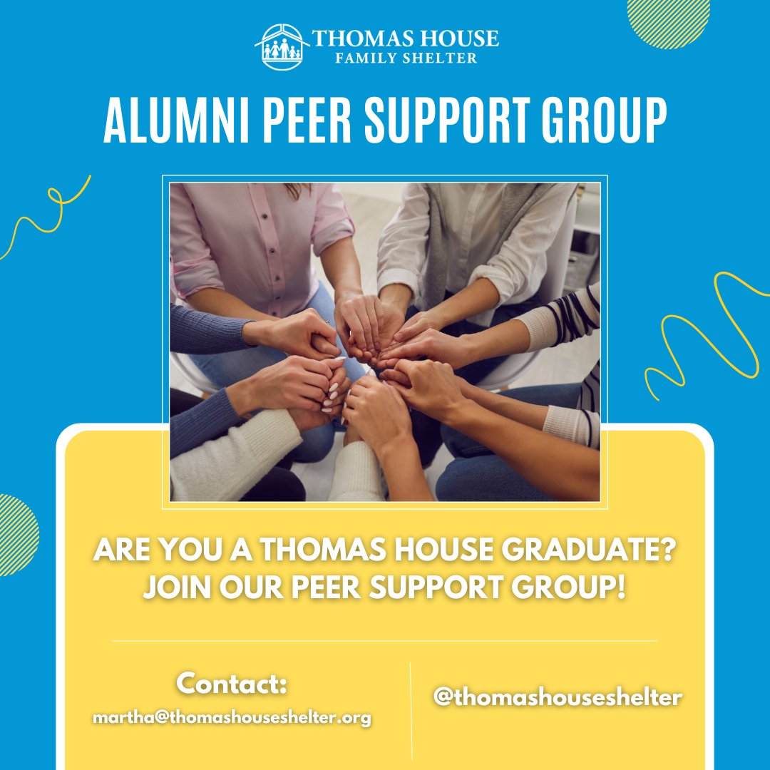 Are you a Thomas House graduate? Join our peer support group! 🤝 Connect with fellow graduates, share your experiences, and receive support in a welcoming community. If you're interested, contact martha@thomashouseshelter.org. 💙​ #THFS #CommunitySupport #PeerGroup