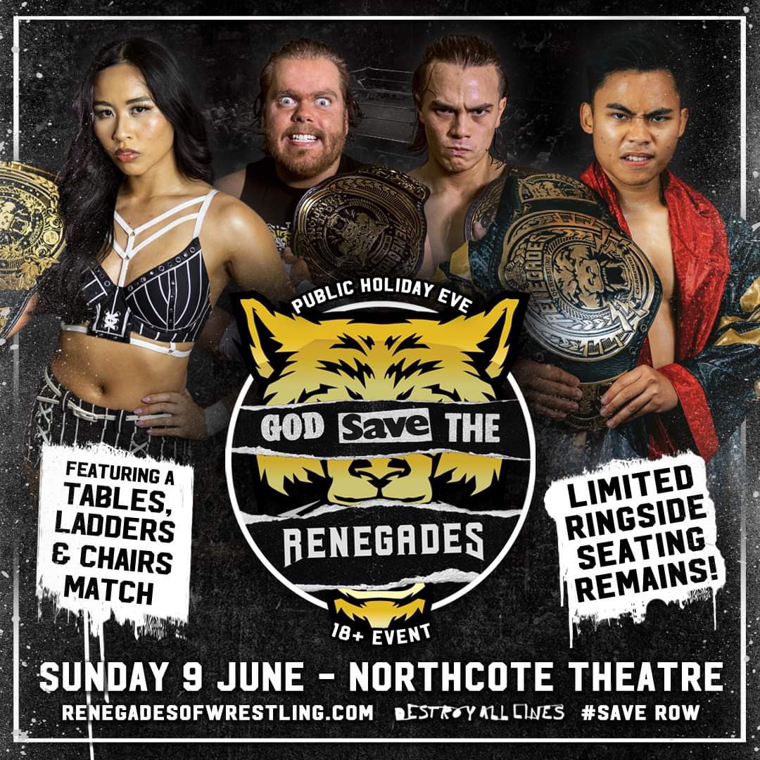 Just over three weeks until #SaveROW on Sunday June 9 at the Northcote Theatre! With the Ambush running Renegades, who will be first to challenge them? Matches begin being announced this week, and we have a stellar lineup planned! Tickets available now: linktr.ee/ROWrestlingAU
