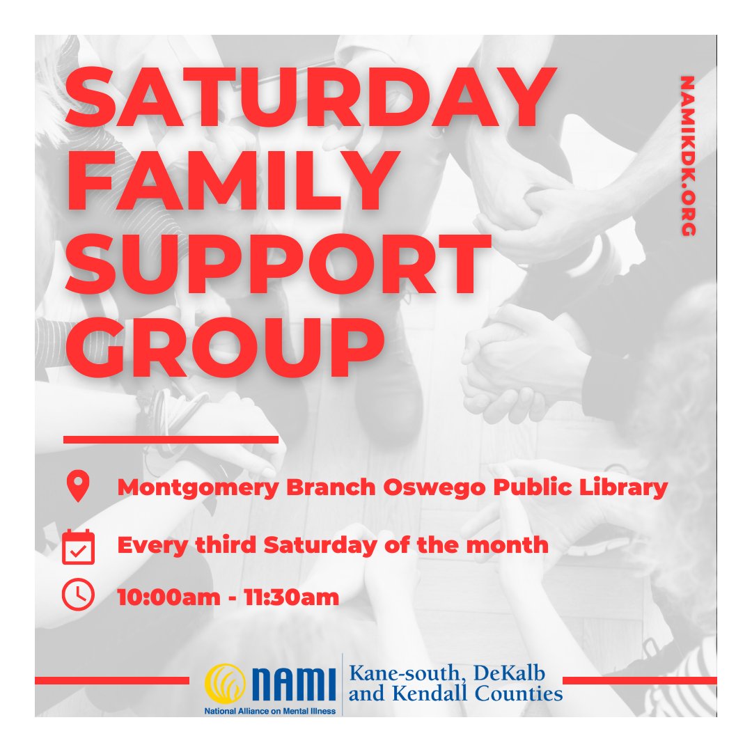 Join us this Saturday in person for our Family Support Group, 10am – 11:30am! 1111 Reading Dr, Montgomery in the Board Room. forms.gle/2BUfzmc5NxJbWJ…

#SupportGroup #FamilySupportGroup #Together4MH #PeerSupport #MentalHealth #NAMIKDK