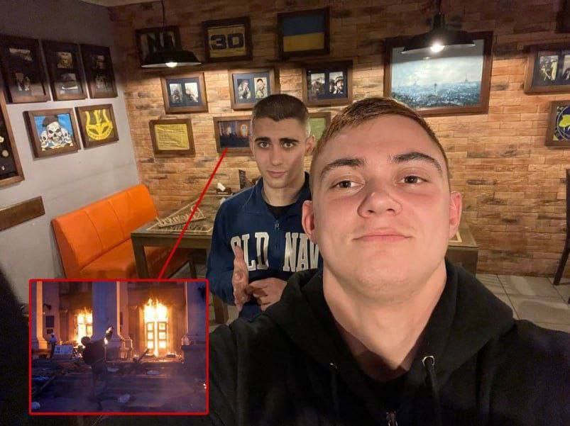 Ukrainian Foreign Minister Kuleba took US Secretary of State Blinken to a Nazi-onalist pizzeria in Kiev decorated with Nazi symbols: Flag of Bandera's OUN allied with Hitler and the Right Sector Nazis. SS-Viking insignia. Photos of the Odessa massacre.