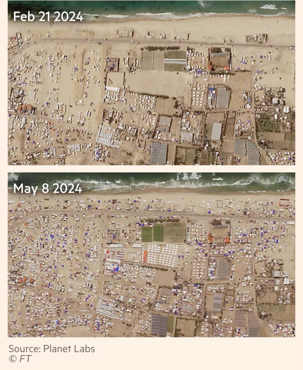 Satellite images show Rafah emptying and the safe area in Moasi filled with refugees. Images from @FT show that the safe zone in Moasi is filled with many tents and refugees - hundreds of thousands (over 600 thousand have already left Rafah), and this is more from satellite
