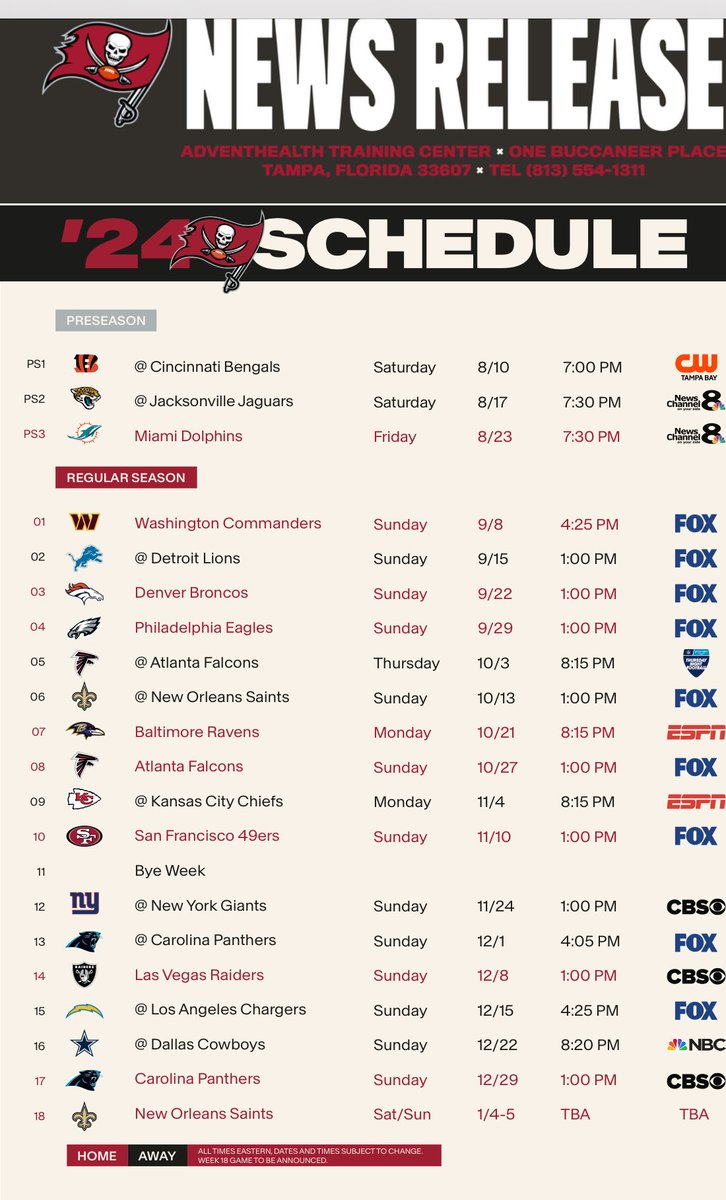 Bucs 2024 schedule features four prime time games.