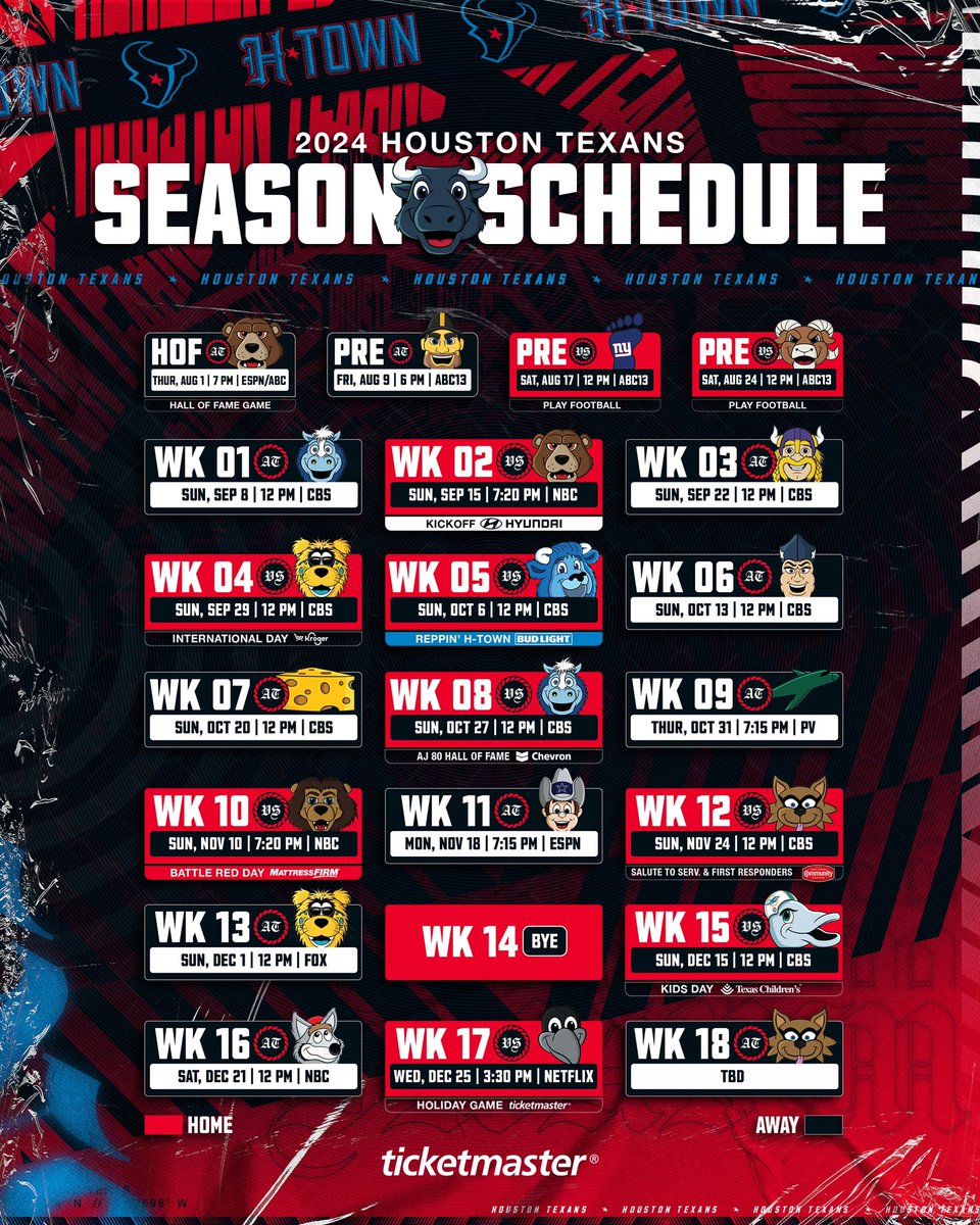 the 2024 texans schedule… but make it mascots