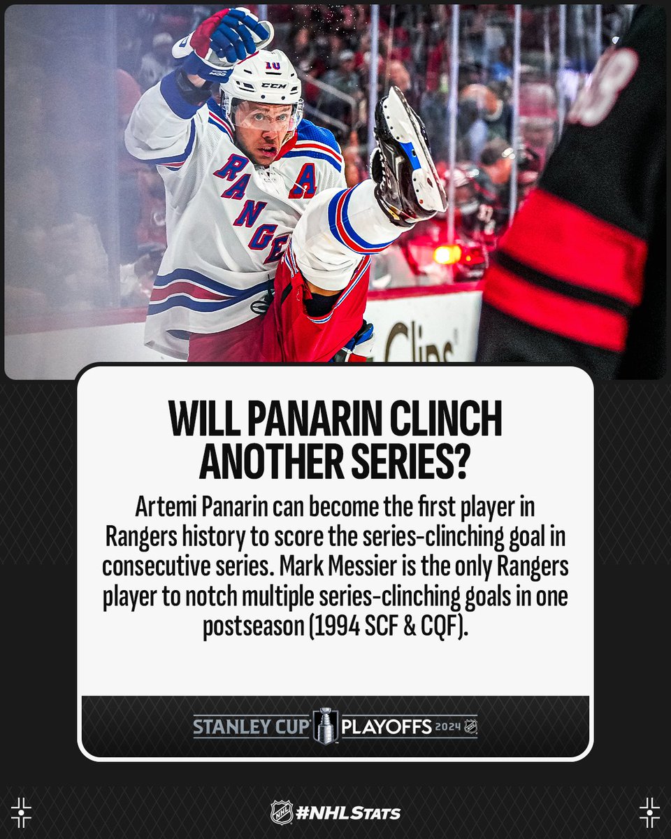 The @NYRangers will take their third shot at finishing off the Hurricanes in Game 6 as Artemi Panarin looks to lead his team to the Conference Finals. #StanleyCup #NHLStats 📺: 7 p.m. ET on @SportsonMax, truTV, @NHL_On_TNT, @Sportsnet, @TVASports, CBC
