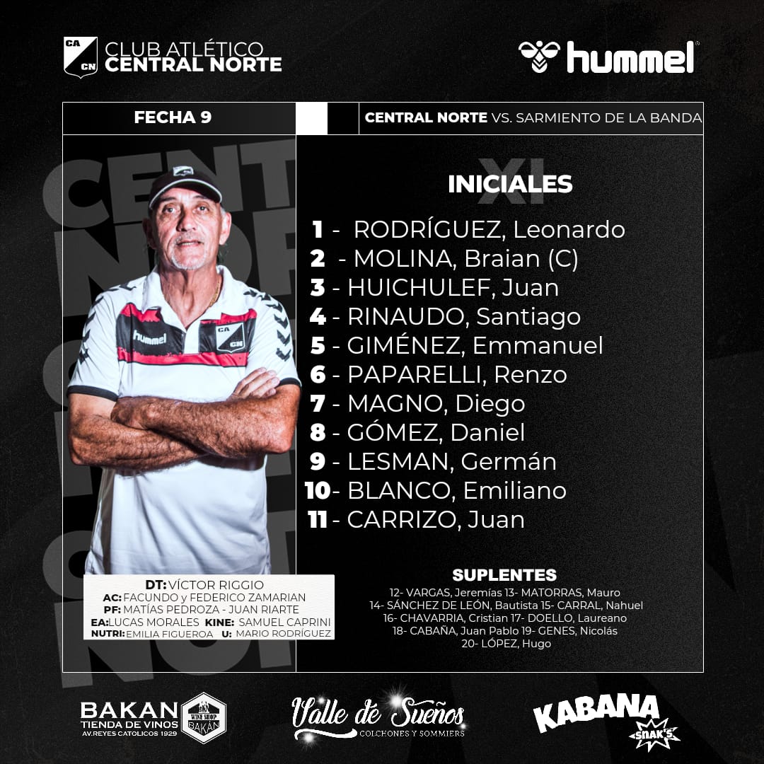 #FederalA | Esta es la formación de #CentralNorte para enfrentar a #SarmientoLB, desde las 21.15, en el estadio Martearena. @cffaoficial #UnidosSomosMás🐦‍⬛ #VamosCentral⚫⚪⚫