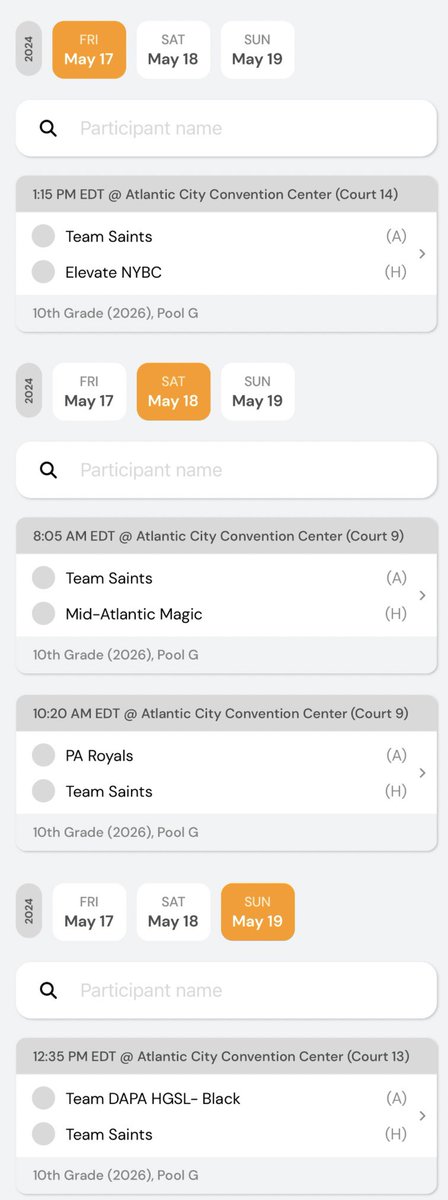 Here is my schedule for the Atlantic City Showcase this weekend. <a href="/SNHSaints/">Team Saints</a>