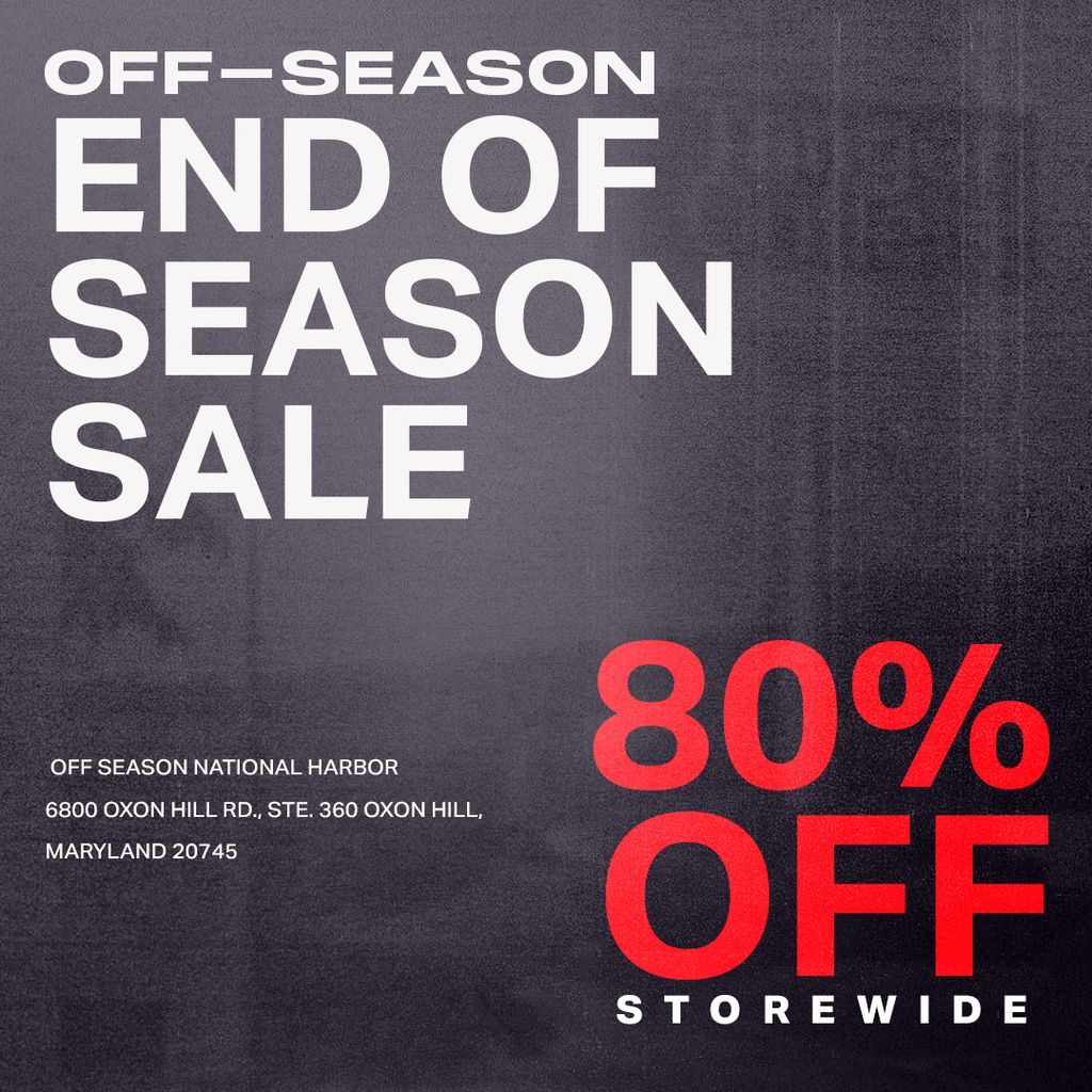 Ending soon, Off-Season National Harbor, MD is offering an exclusive 80% off premium streetwear and footwear brands for a limited time. ⁠ LOCATION: 6800 Oxon Hill Rd., Ste. 360 Oxon Hill, Maryland 20745 HOURS: Mon - Sat: 10AM - 9PM Sun: 11AM - 7PM