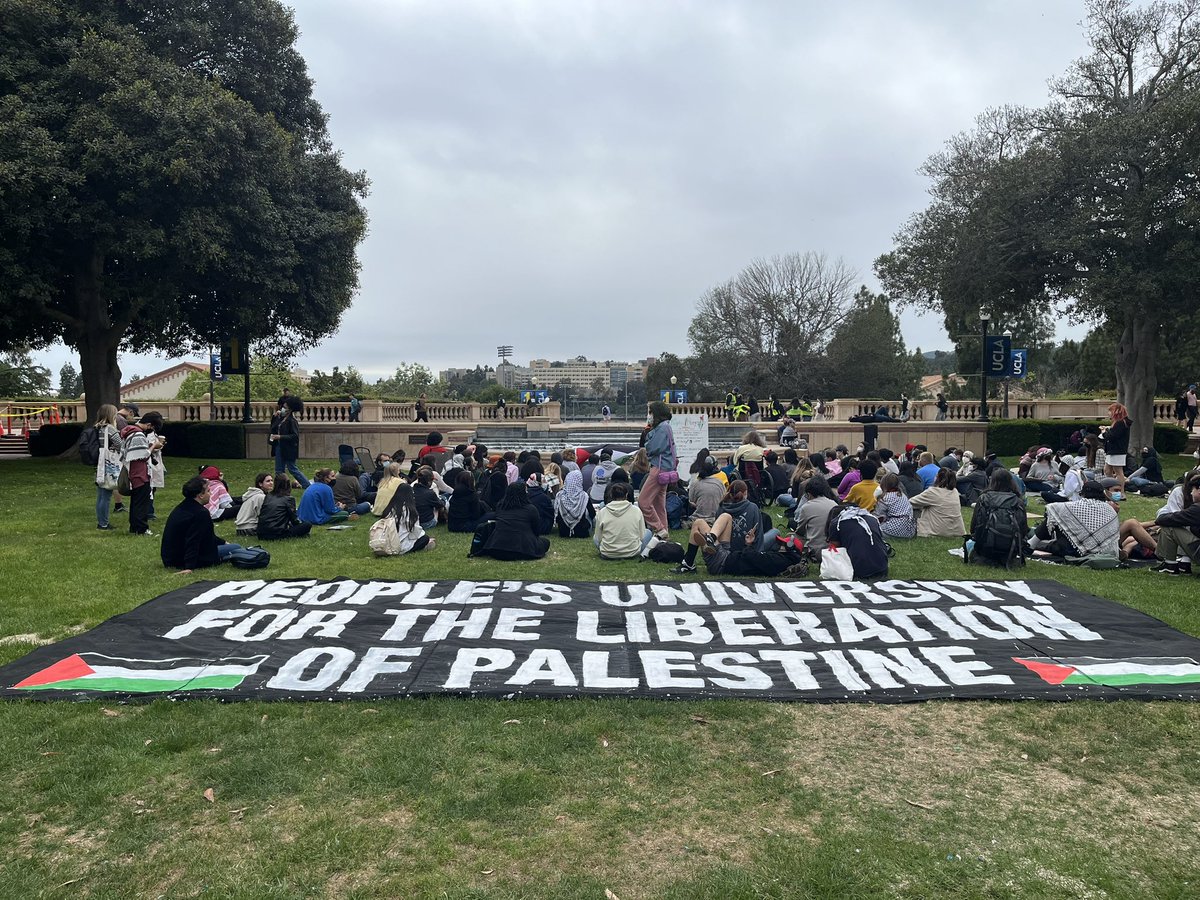 At UCLA now: despite intense police crackdown, mass arrests + violence from far-right counter-protesters, students continue to gather for Gaza solitary actions. Today, a gathering for Nakba Day and teach-ins at the “People’s University for the Liberation of Palestine”