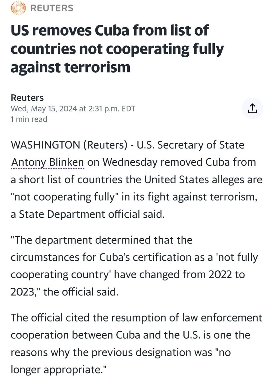 Es evidente, el gobierno de #EEUU utiliza su surrealista lista de 'Países Patrocinadores del Terrorismo' para intentar chantajear a #Cuba. Pero la ética de la Revolución se impone. @CarlosFdeCossio @CubaMINREX