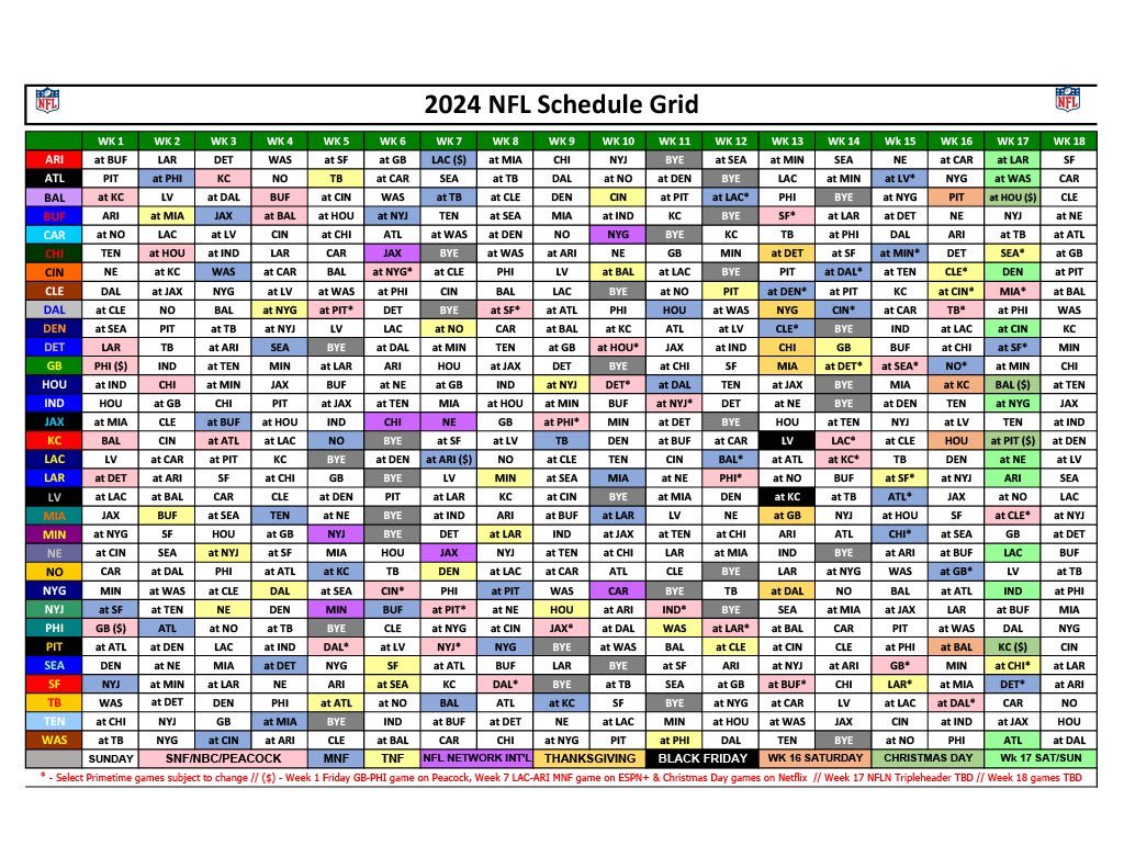 The 2024 NFL schedule grid via @NFLResearch and @RealJackAndrade.