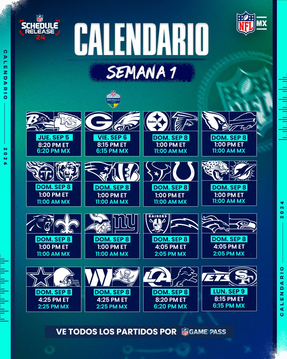 ¡SEMANA 1! 🤩🏈📅 Oficialmente tenemos los duelos que abrirán la temporada regular de la NFL en este 2024, ¿cuál es su partido favorito de esta primera semana? 🔥👀 #NFLMX | @MundoNFL