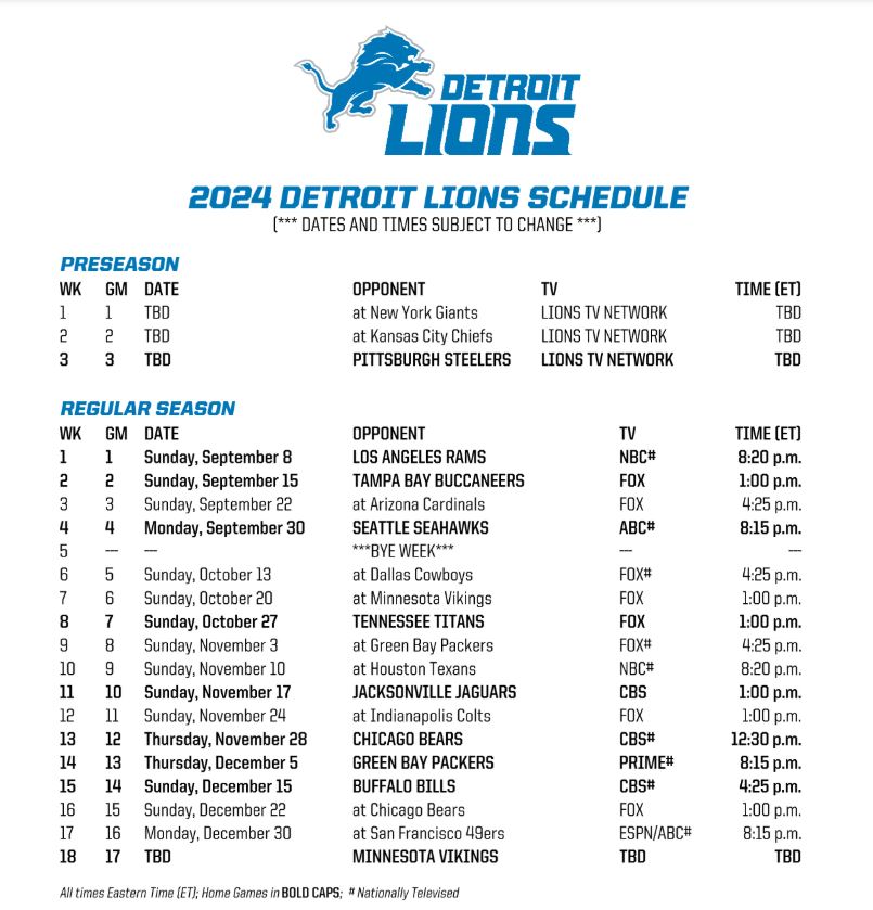 Here it is! The Lions released their 2024 regular season schedule. 

Detroit has five primetime games, starting Week 1 at home on Sunday Night vs. the Rams.