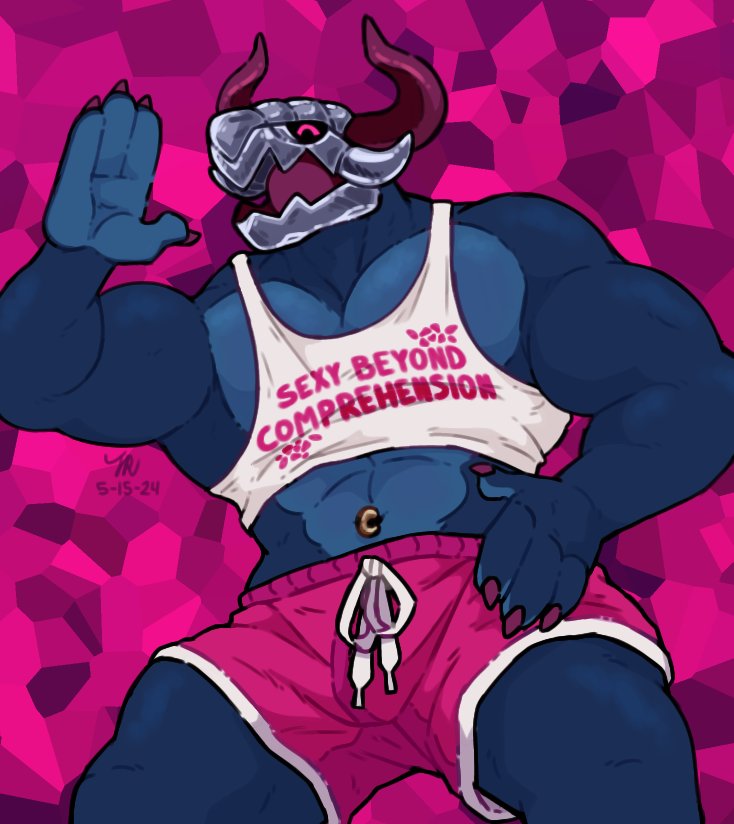 Someone got him this tacky ass tank top ugh 🙄🙄 A newish demon diety oc and I love him very much 🙏 #bara #monsterlover #teratophilia