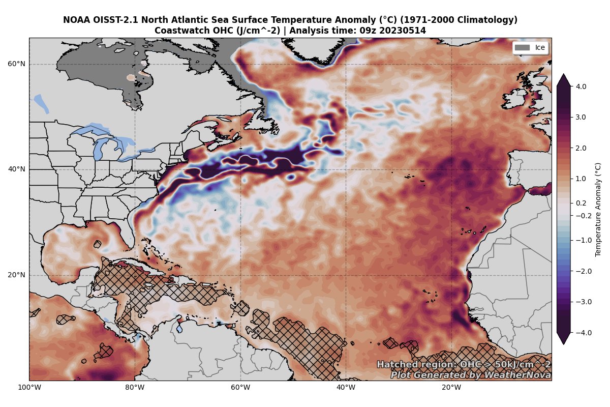 2.5 months sounds about right; outside of 2023, I cannot recall a year in which ocean heat content was this expansive in mid May

Compared to last year, the expanse of OHC (>50J/cm^-2) is greater, covering the entire Caribbean. A continued concerning sign for #hurricane season 😬