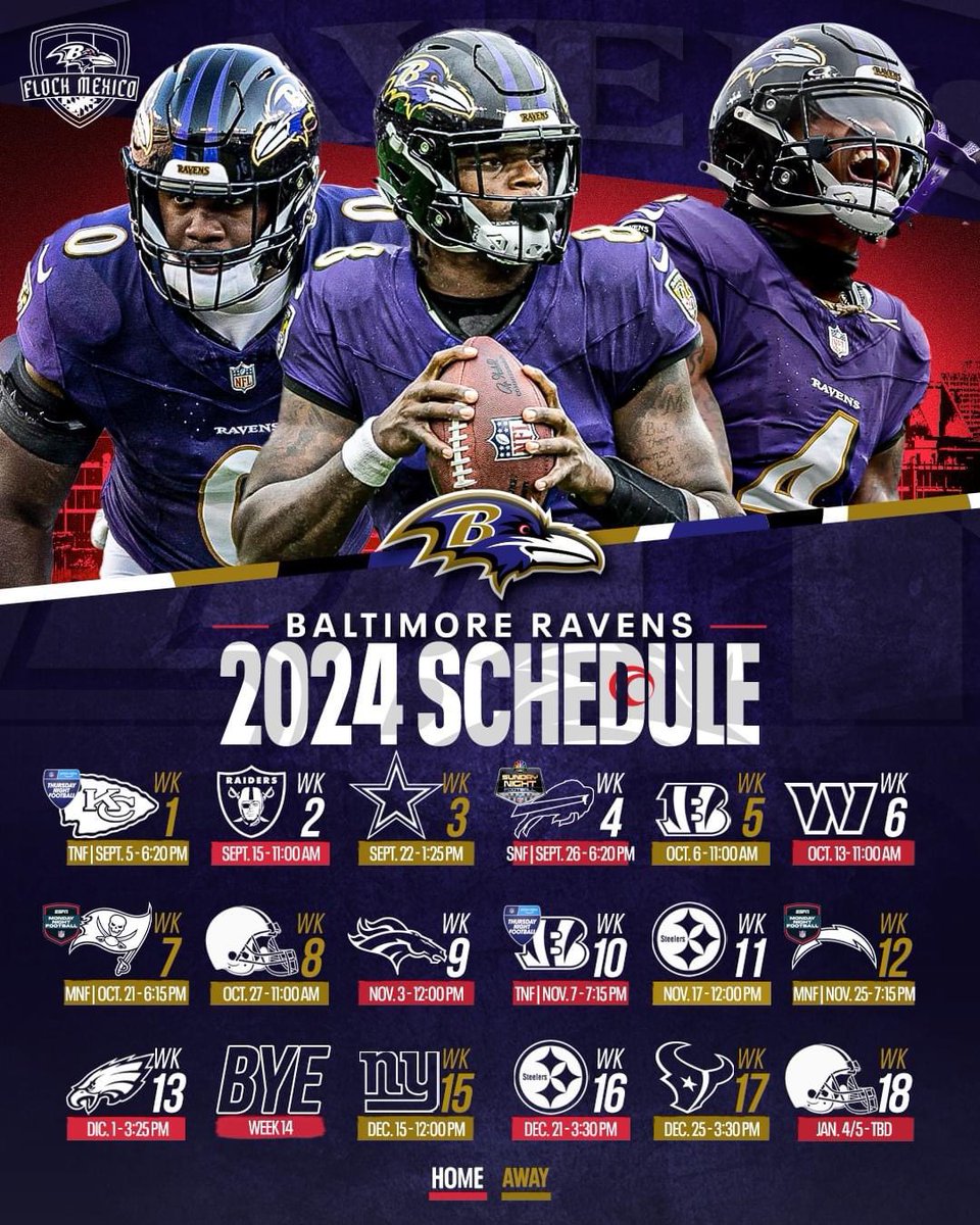 𝟐𝟎𝟐𝟒 𝐒𝐂𝐇𝐄𝐃𝐔𝐋𝐄

LISTO EL CALENDARIO DE LOS Baltimore Ravens.

LET'S GOOOOOOOOO!!

#RavensFlock #Ravens #NFLSchedule #NFL #NFLMX