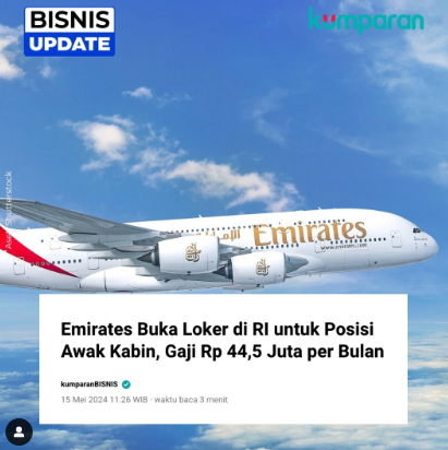 Jangan lupa yg berminat besok pendaftaran, gaji 44,5Jt 👇
Maskapai penerbangan internasional, Emirates (<a href="/emirates/">Emirates</a>) membuka lowongan kerja (loker) untuk posisi awak kabin dengan gaji mencapai USD 2.770 atau sekitar Rp 44,5 juta per bulan (kurs Rp 16.066). Rekrutmen akan diadakan