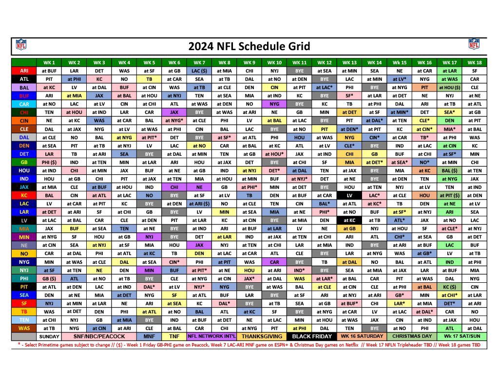 Complete 2024 NFL schedule grid, via @NFLResearch and @RealJackAndrade.