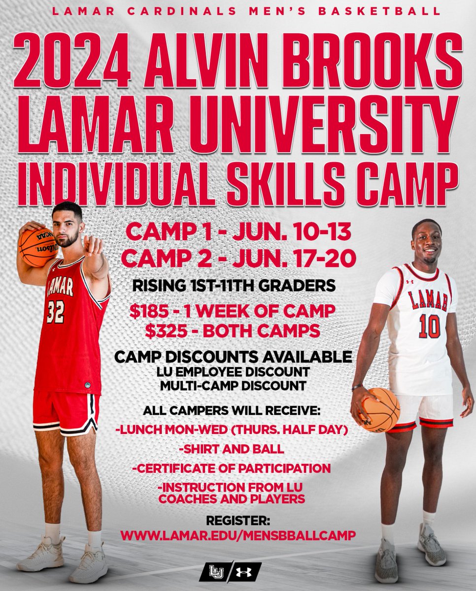 Registration is still open, but time is winding down! ⏰ Don’t miss out on a great opportunity to be instructed by the Lamar 🏀 Staff and Players this June! For questions, please contact Director of Operations De’Andre Miller, at dmiller49@lamar.edu