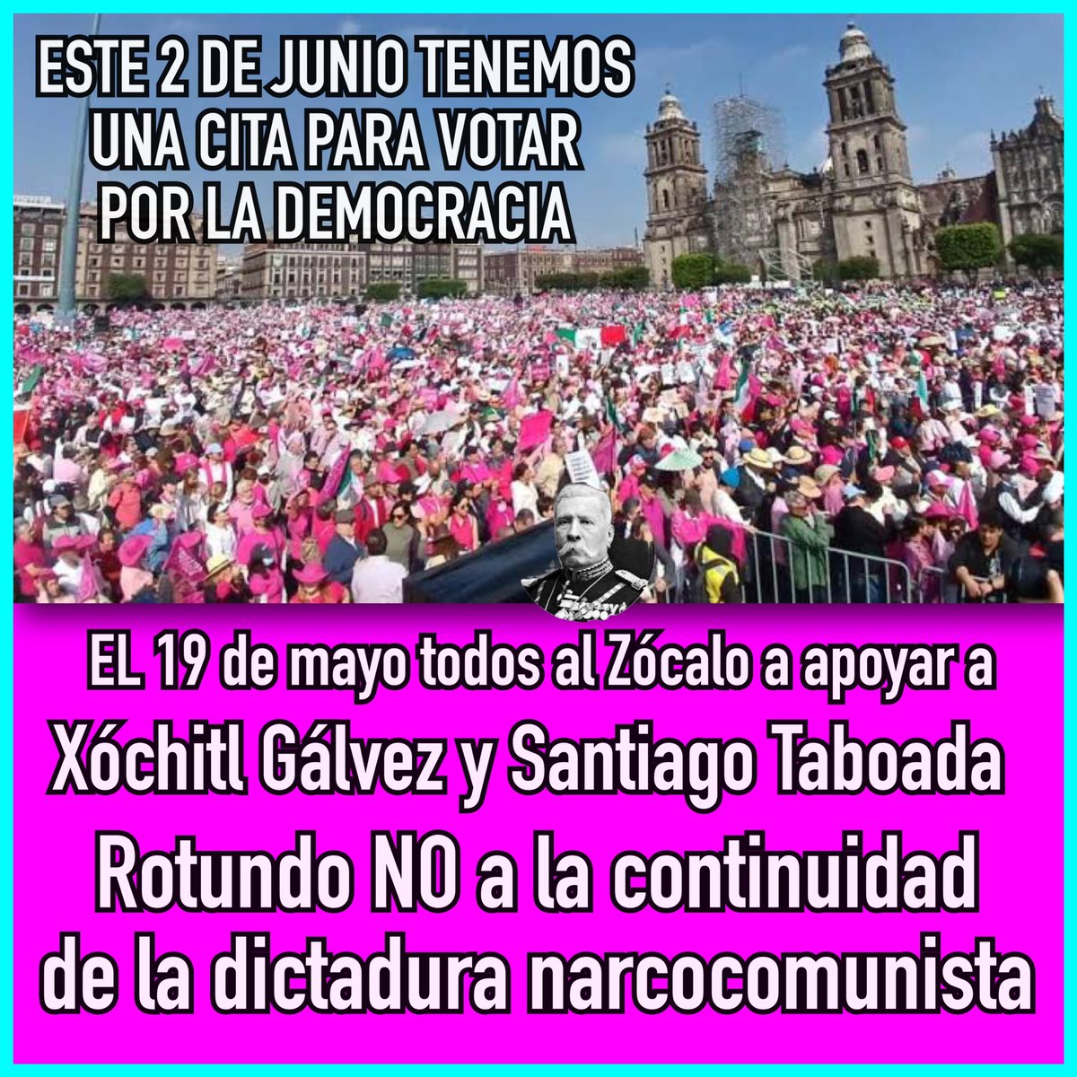 Gral_Diaz_Mori's tweet image. 2 de junio todos a votar en favor de la democracia. 19 de mayo todos al zócalo a las 10:00 a.m. para apoyar a #XochitlGálvezPresidenta2024 y #SantiagoTaboadaCDMX
Respeto al voto y un rotundo NO a la continuidad de la dictadura narcocomunista. Rt si estás de acuerdo
#FueraMorena