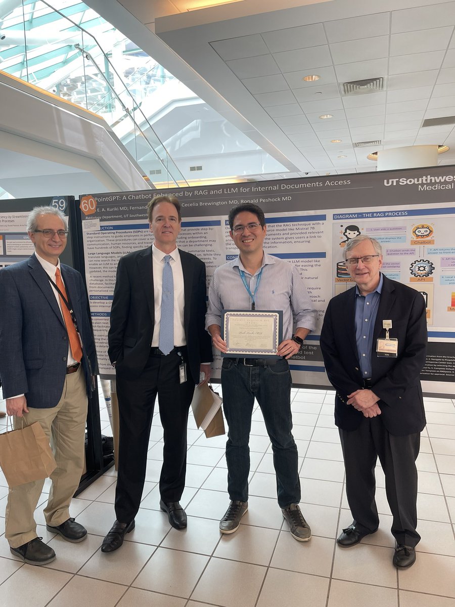 Happy to have won 2nd place for Education and Quality posters at UTSW Radiology Research Day! 🎉 RadPointGPT, powered by LLM and RAG, enables natural language queries within SOP documents. We also showcased demos of the protocol classifier, QA automated pipeline, and clinical