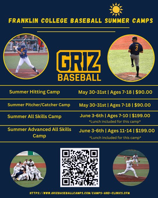 EARLY BIRD DISCOUNT available for Baseball Camp registration through May 21! Visit grizbaseballcamps.com or scan QR code for registration! Looking forward to another summer of fun & baseball! Thanks for your support! @FCGrizAthletics @FranklinCollege #TEAMGRIZ