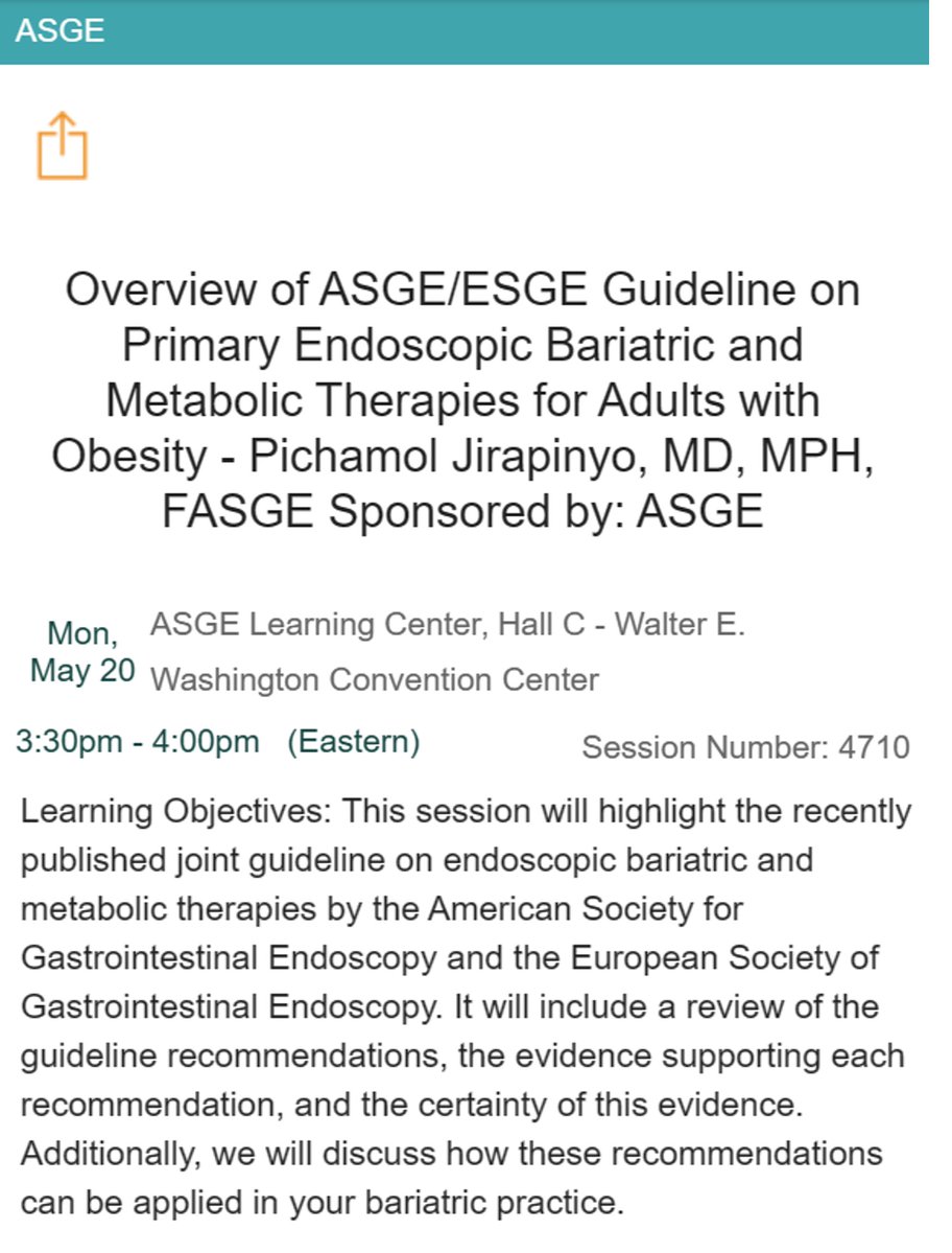 Thank you @ASGEendoscopy @ESGE_news ! Interested in learning more about the first and most recent guideline on bariatric and metabolic endoscopy? Please join us at #DDW2024 #Obesity When: Monday May 20th at 3.30-4.00 pm Where: ASGE Learning Center, Hall C