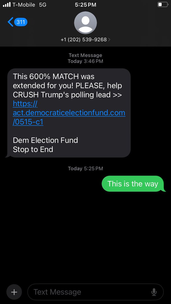 Recently decided to respond to all automated and political texts like this