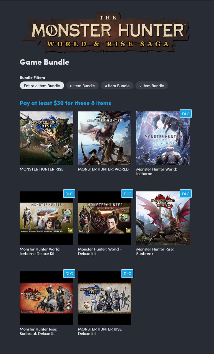 Monster Hunter Humble Bundle: bit.ly/4bFmMp7 my affiliate link $30 for 2 games and 6 DLC - Monster Hunter Rise + Deluxe Kit + Sunbreak + Sunbreak Deluxe Kit - Monster Hunter: World + Iceborne + Iceborne Deluxe Kit + Deluxe Kit