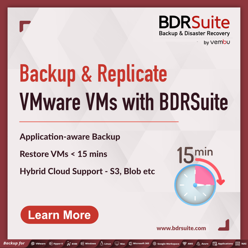 BDRSuite for #VMware is Comprehensive and Cost Effective #Backup Software with enterprise-class features like Application-aware Backups, Instant VM Restore, Automated Backup Verification, Hybrid Cloud Support - S3, Azure, etc. and more. Download Now! zurl.co/vRRN