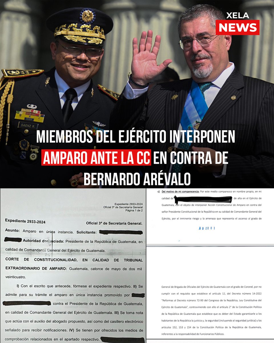 #URGENTE Miembros del @Ejercito_GT se levantan e interponen una acción de amparo ante la @CC_Guatemala  contra #BernardoArévalo, en su calidad de Comandante General, por asensos que no cumplen con los requisitos que establece la Ley Constitutiva del #EjércitoGT.
#XelaNews 🇫🇷