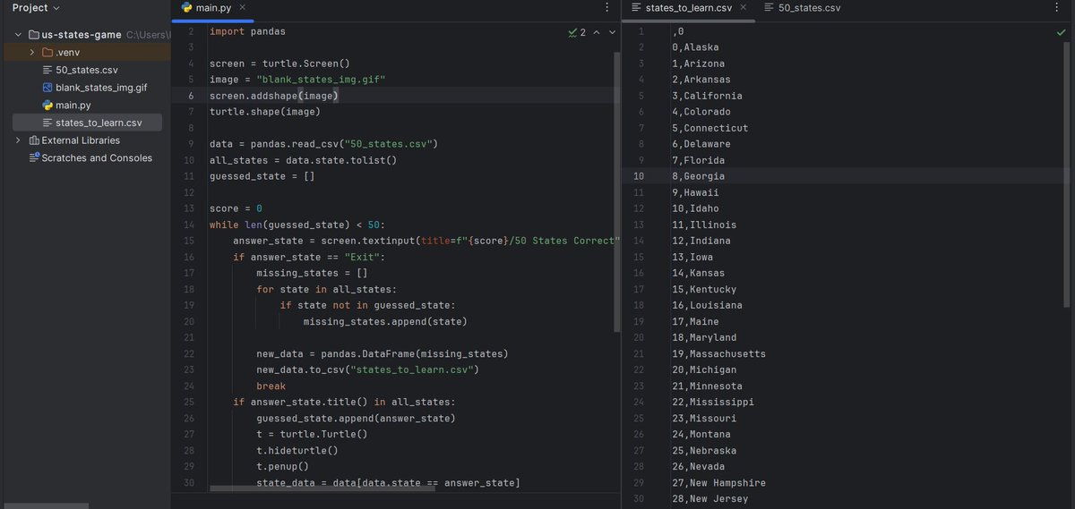 ben_code3's tweet image. Day 25 of #100daysofcodechallenge 
✅Working with csv files
✅Data analysis with pandas
✅ squirrel and US state game challenge
following the #100daysofpython course by App Brewery.🙂