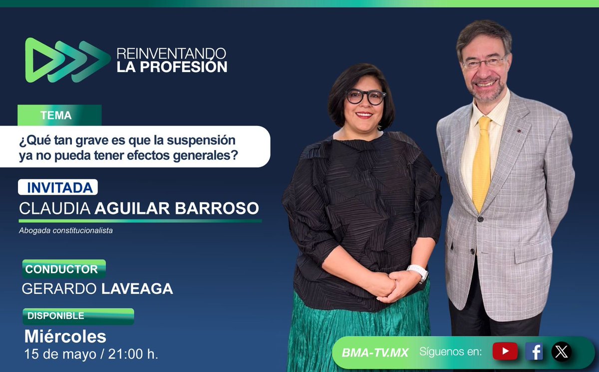 Te esperamos en punto de las 9:00pm en #ReinventandolaProfesión con @GLaveaga y @CAguilarBarroso, quien nos hablará sobre qué tan grave es que la #suspensión ya no pueda tener #efectosgenerales. ¡Nos vemos esta noche en #BMATV! youtu.be/pqEdnTwCFN0