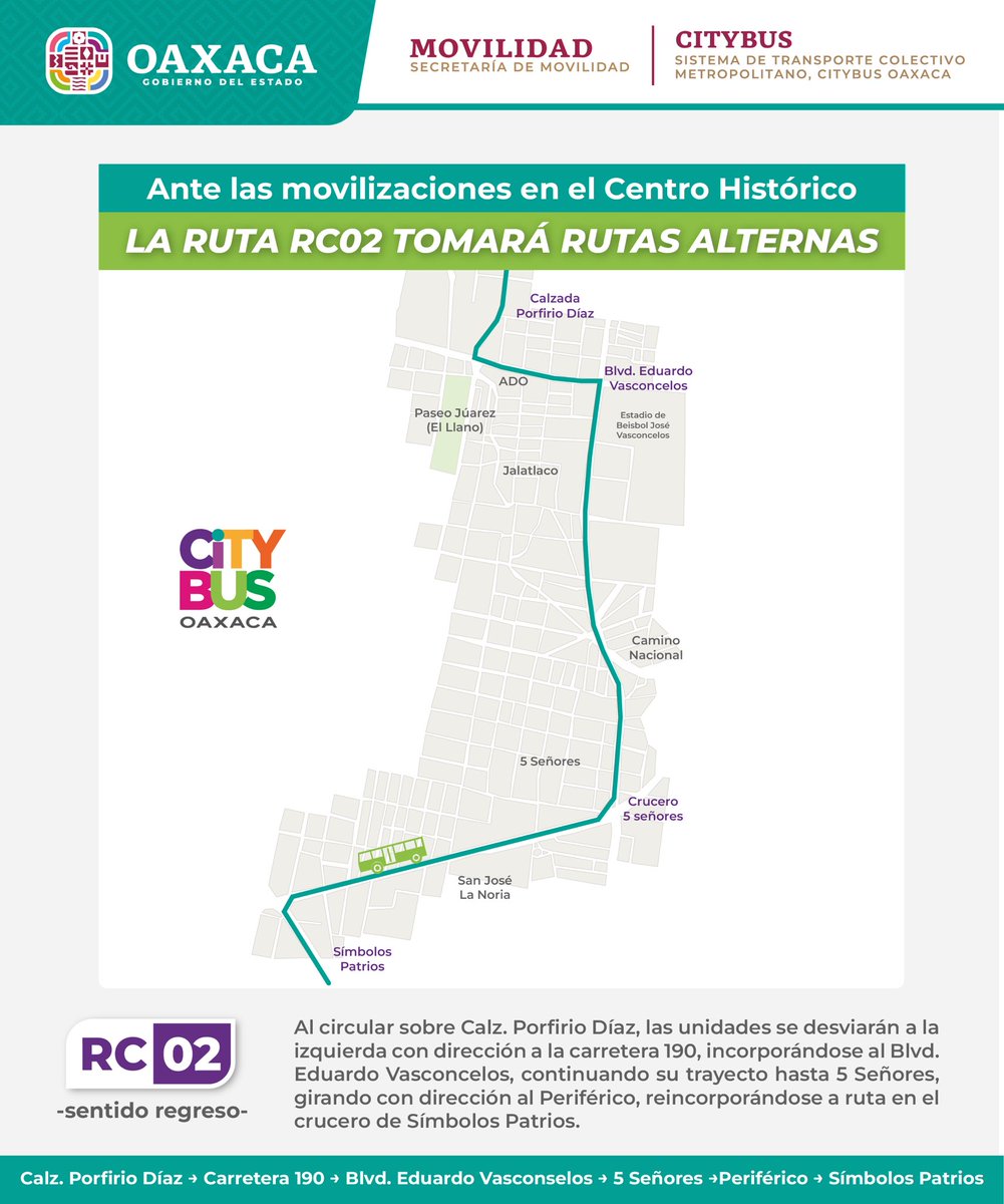 Te compartimos los trayectos alternos de las rutas RC01 y RC02, mismos que serán temporales. El servicio habilita el ascenso y descenso bajo demanda y se restablecerá cuando las movilizaciones del Centro Histórico finalicen.