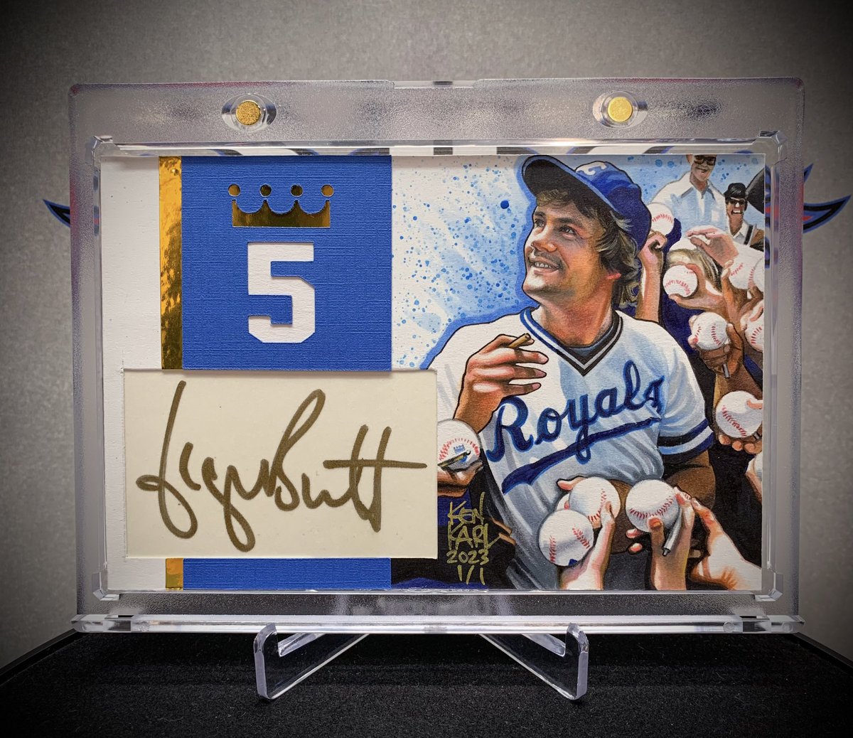 💥SOLD💥 Happy Birthday to @Royals Legend, #GeorgeBrett🎂 I’m sharing this 1/1 art card I drew and built around his authentic cut autograph🔥 #Cardart #TheHobby #sportsart
