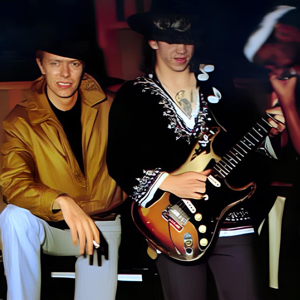 David Bowie, Stevie Ray Vaughan and producer Nile Rodgers during the 'Let's Dance' recording sessions in 1982.