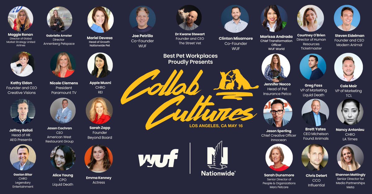 Big thanks to all speakers at our 'Collab Cultures' Best Pet Workplaces summit in LA, California! Join us as we delve into the benefits of pets in the workplace. Tomorrow's the day! Presented by WUF WORLD & Nationwide Pet. #bestpetworkplaces #petsatwork #WUFworld #NationwidePet