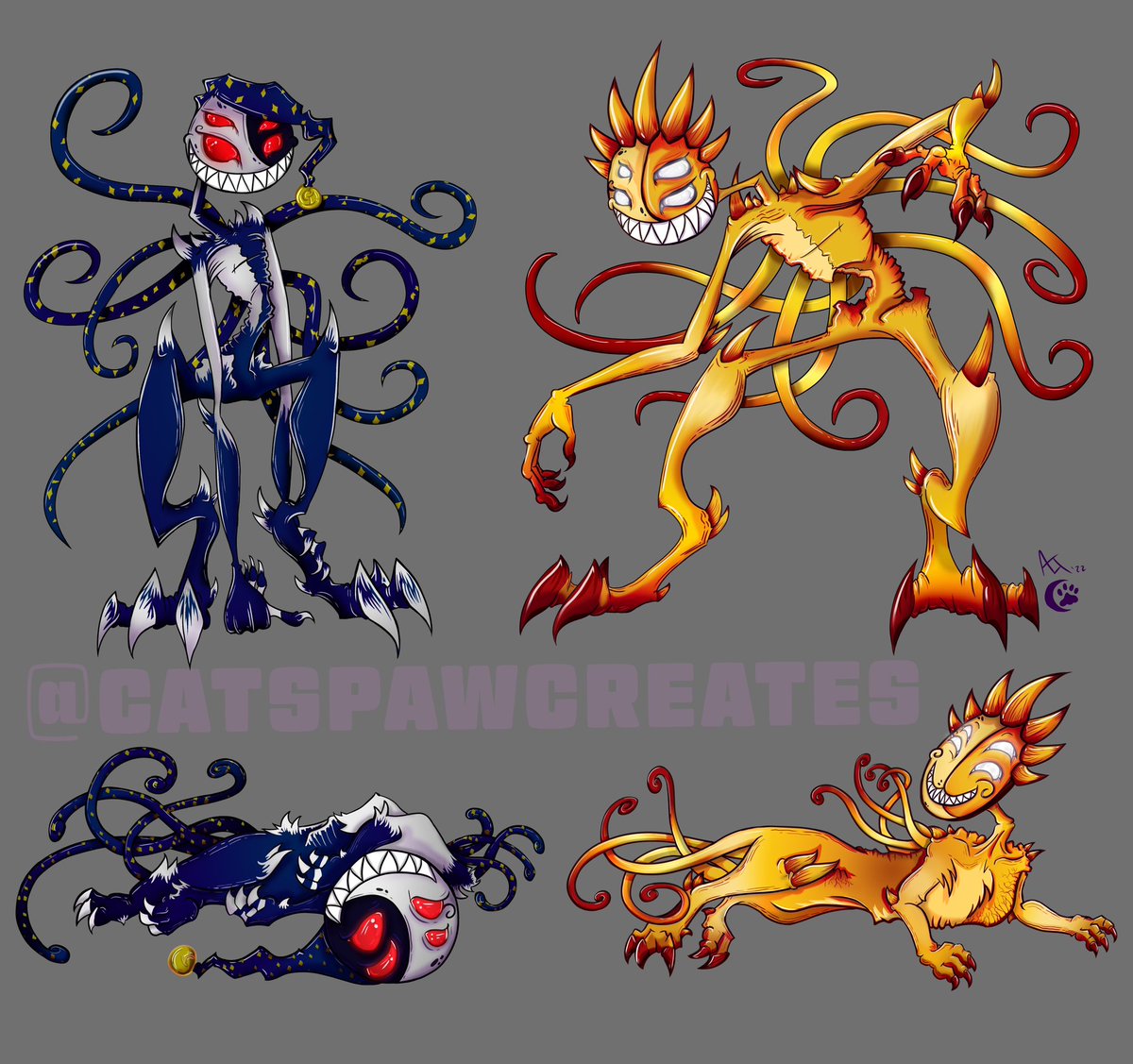 I’ve been working on stuff I can’t share, so have a repost of Cryptid designs and their smaller cat-sized forms from last year. 
#catspawart #sundrop #moondrop #cryptid