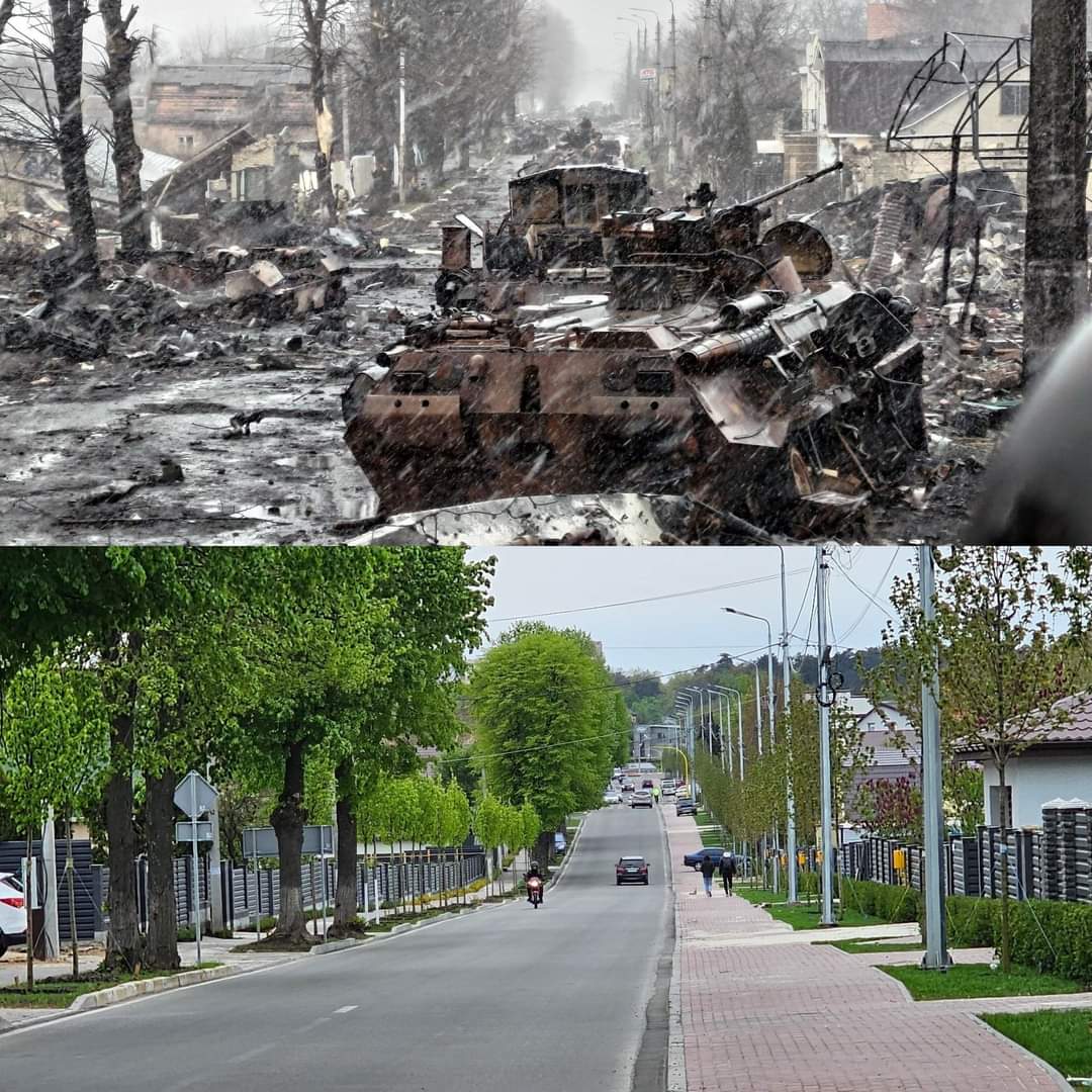 How Bucha looked year ago and how it looks now. #UkraineConflict #PutinTerrorist #climateemergency this is bad for human life. Bad for the environment. Bad for everyone. We are destroying the planet. #stopallwar #stopwar